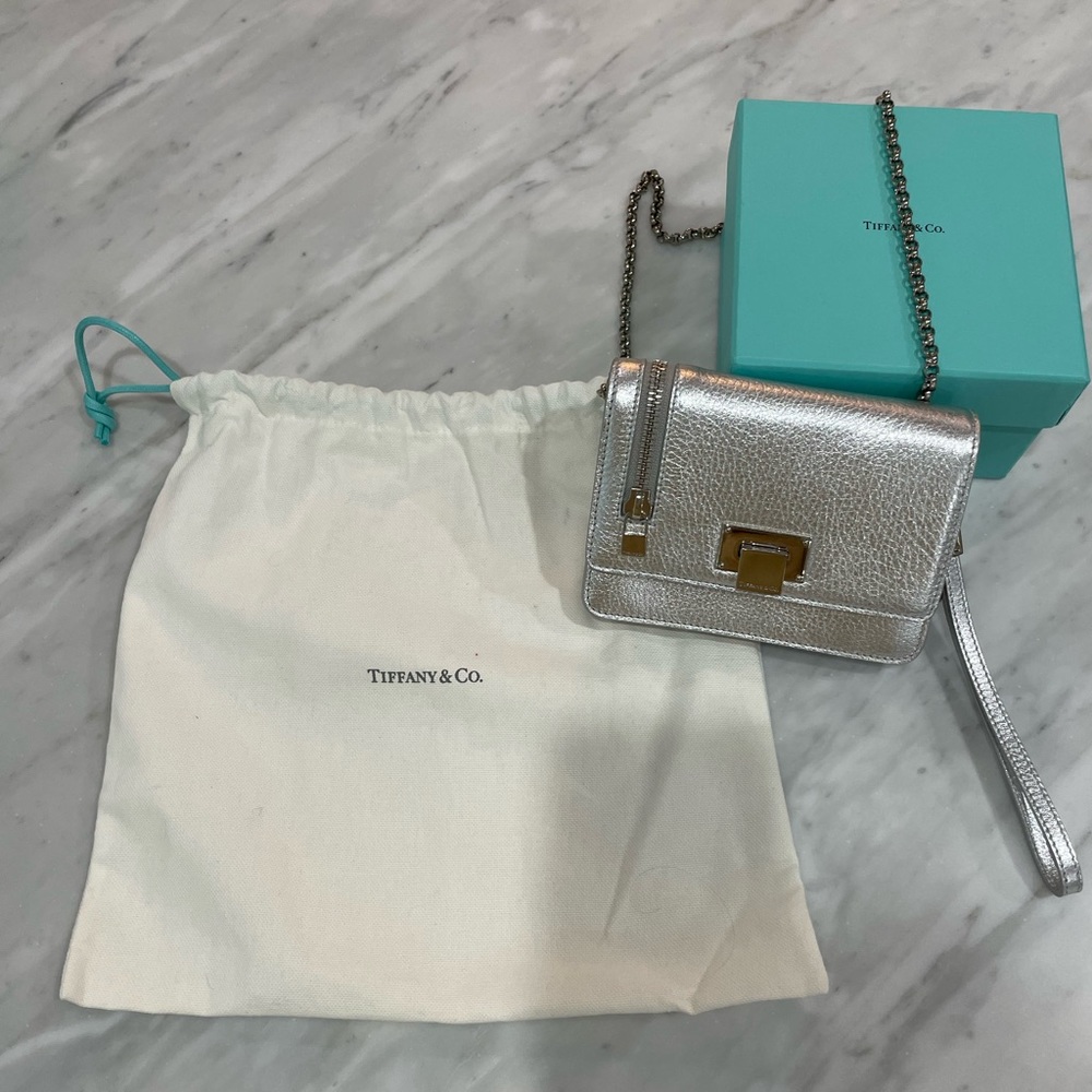 Tiffany & Co. Silver Metallic Grain Leather Wristlet with Silver Chain